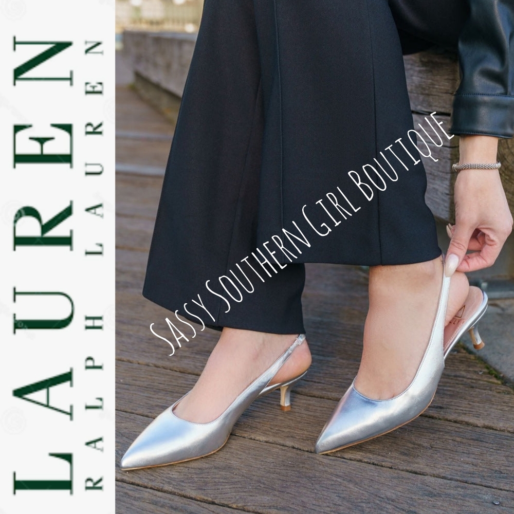 🆕⭐ Ralph Lauren Silver Leather Slingback Heels